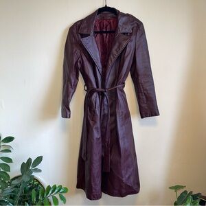 Dark cherry red leather trench coat